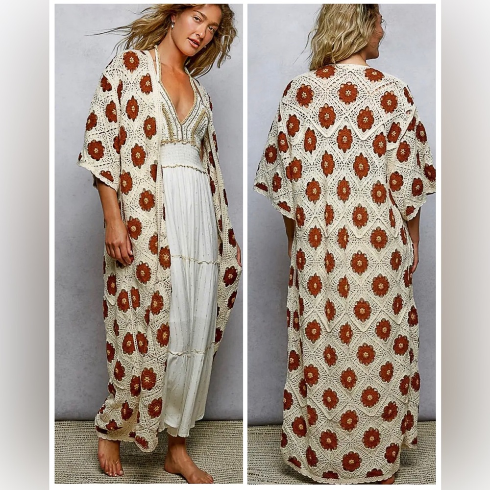 NEW Pol Crochet Maxi Duster 3/4 Sleeve Floral Pattern Open Cardigan Top Choco
